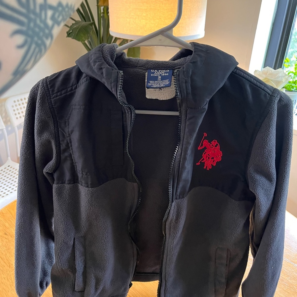 U.S. Polo Assn Boys Hooded Fleece Jacket Charcoal Black Full Zip Size S - Picture 7 of 9